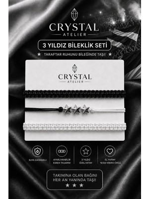 Crystal Atelier Siyah Beyaz 3 Yıldızlı Taraftar Bileklik Seti El Yapımı Ayarlanabilir Makrome Unisex Şampiyon Bileklik Seti