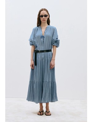 Suud Collection Mavi Muse Düğmeli Maxi Elbise