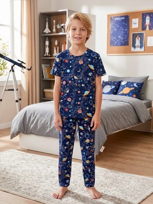 Enie Erkek Çocuk Pamuklu Uzay Desenli Yazlık Pijama Takımı