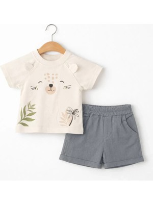 İkikareshop 6/24 Ay Keten Şort Kulak Detaylı Bebek Takımı