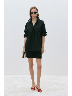 Suud Collection Siyah Klara Yıkamalı Poplin Şort