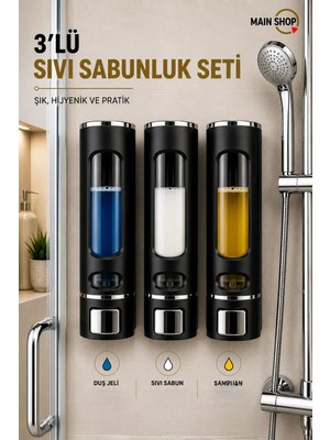 MAİN SHOP 3 Adet Siyah 400 ml El Dezenfektanı Sabunluk Manuel Şampuan Sıvı Tutucu Banyo Mutfak Lavabo Oteller