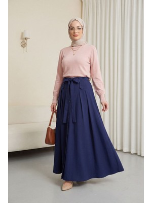 Moda Morfo Yuvarlak Yaka Kolu Düğme Detaylı Triko Tunik   -Pudra