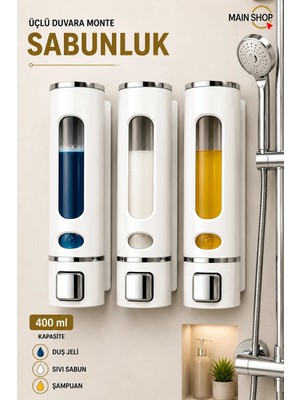 MAİN SHOP 3 Adet  Sıvı Sabunluk 400 ml Duvara Monte Duş Sabun Şampuan Dispenseri Mutfak Banyo Sabunluğu