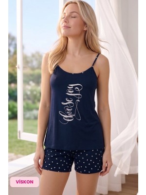 Çağrı Homewear Kadın Düğmesiz Bisiklet Yaka Likralı Viskon Yazlık Ip Askılı Mini Şortlu Pijama Takımı