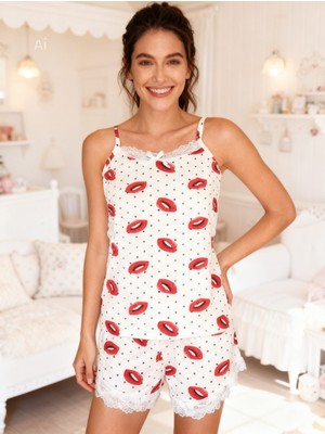 NiCe İç Giyim Öpücük Desen Beyaz Renk Bamboo Dantel Detay Atlet & Şort Kadın Pijama Takım