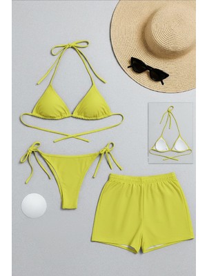 Kadın 3'lü Set Fosforlu Şortlu ve Yandan Bağlamalı Bikini Mayo Takımı Mariposa Secret