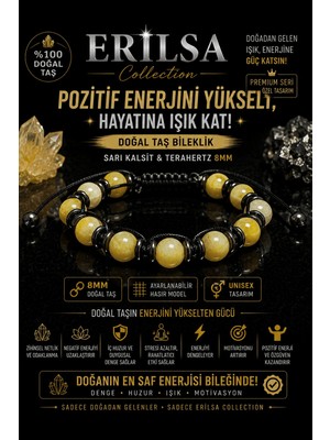 Erilsa Sertifikalı Sarı Kalsit Terahertz Doğal Taş Bileklik 8 mm Ayarlanabilir Unisex Model