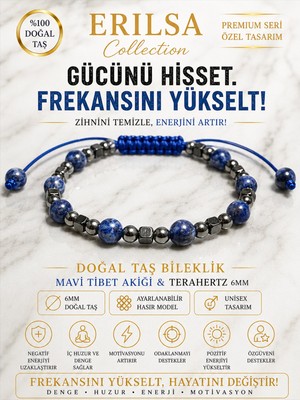 Erilsa Sertifikalı Mavi Tibet Akiği & Terahertz Doğal Taş Bileklik 6 mm Ayarlanabilir Unisex Premium Model