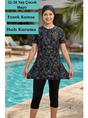Bigiyin Kız Çocuk Kısa Kol Mayo Takımı Kız Çocuk Mayosu Desenli Tunik, Tayt ve Bone 3'lü Set