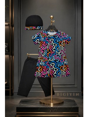 Bigiyin Kız Çocuk Kısa Kol Mayo Takımı Kız Çocuk Mayosu Desenli Tunik, Tayt ve Bone 3'lü Set