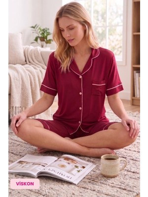 Bie's Kadın Viskon Gömlek Yaka Önden Düğmeli Göğüs Cepli Yazlık Kısa Kollu Şortlu Pijama Takımı