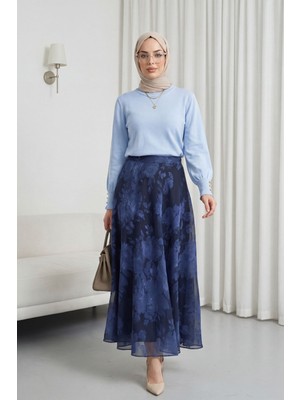 Moda Morfo Yuvarlak Yaka Kolu Düğme Detaylı Triko Tunik   -Bebe Mavi