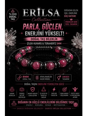 Erilsa Sertifikalı Çilek Kuvars Terahertz Doğal Taş Bileklik 8 mm Ayarlanabilir Unisex Premium Model