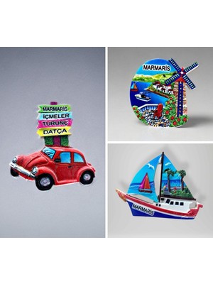 Mundy Marmaris Temalı Kabartmalı Polyester 3 Lü  Magnet Seti Buzdolabı Süsü (KOD:1115)