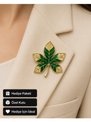 Herşey Nota Hediye Yeşil Yaprak Desenli Premium Gold Renk Kadın Broş Rozet