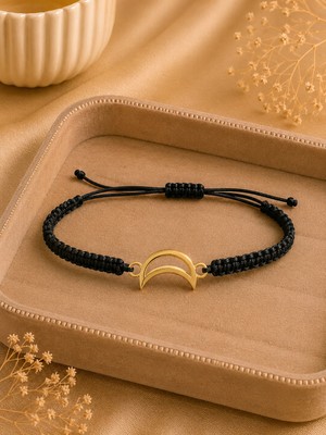 Sarezza Gold 14 Ayar Altın Hilal Figür Siyah Örgü Bileklik