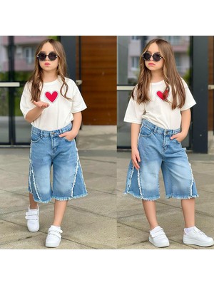 Ay Kids Kız Çocuk Kalp Baskılı Oversize Tişört & Bol Paça Jean Kapri Kombin Takım 2689M