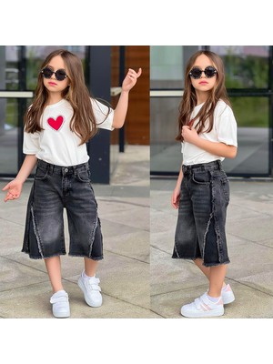 Ay Kids Kız Çocuk Kalp Baskılı Oversize Tişört & Bol Paça Jean Kapri Kombin Takım  2689S