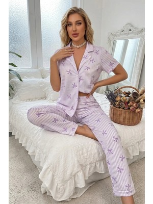 Bella Notte Lila Soft Fiyonk Desenli Yazlık Pijama Takımı