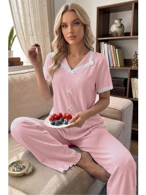 Bella Notte Pembe Dantel Yaka Fiyonk Detaylı Kısa Kollu Kadın Pijama Takımı