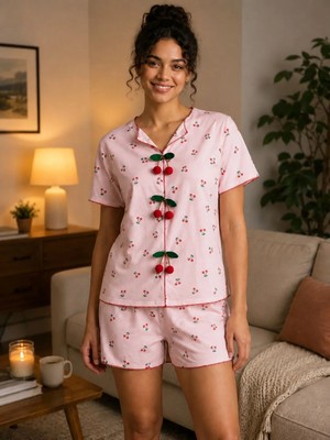 Balis Pijama Kadın Ponponlu Kiraz Detaylı Pamuklu Kısa Kollu Şortlu Ev Giyimi Pijama Takımı Homewear Şık Rahat Iç Göstermez Terletmez Ev Kombini Renkli Çeşitli Bayramlık Ev Giyimi Seti Çeyizlik