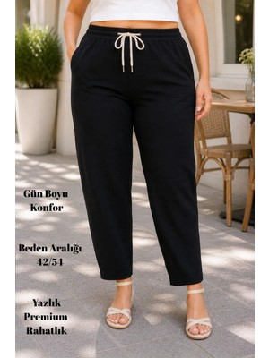 Cedy Denim Kadın Yazlık Büyük Beden Sentetik Keten Yüksek Bel Lastikli Dar Paça Mom Pantolon C611