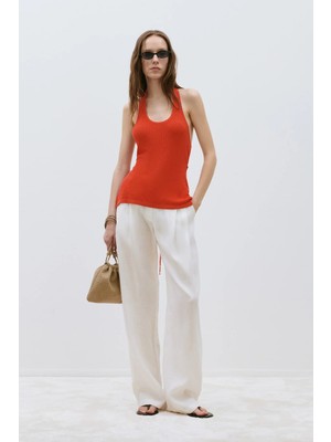 Suud Collection Turuncu Estel Halter Dökümlü Triko Bluz