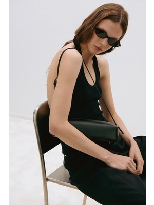 Suud Collection Siyah Estel Halter Dökümlü Triko Bluz
