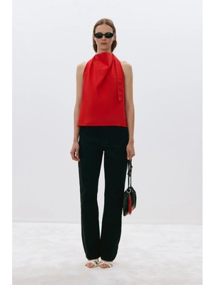 Suud Collection Kırmızı Marty Halter Yaka Poplin Bluz