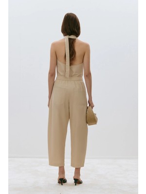 Suud Collection Bej Marty Halter Yaka Poplin Bluz