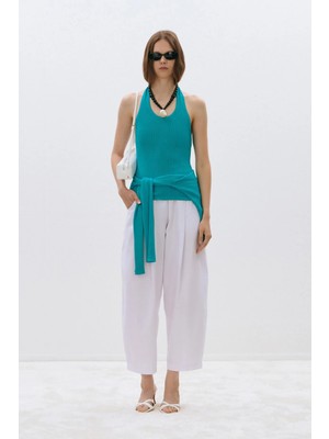 Suud Collection Turkuaz Estel Halter Dökümlü Triko Bluz