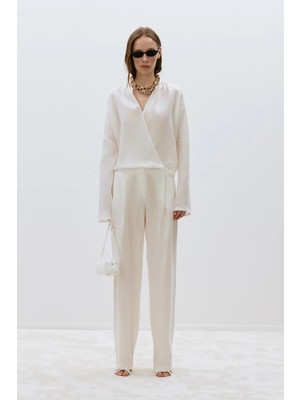 Suud Collection Beyaz %100 Keten Viana Kruvaze Bluz