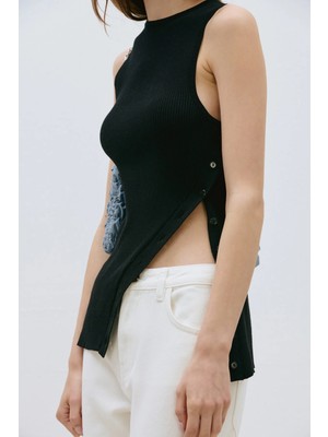 Suud Collection Siyah Nola Çapraz Düğmeli Triko Bluz