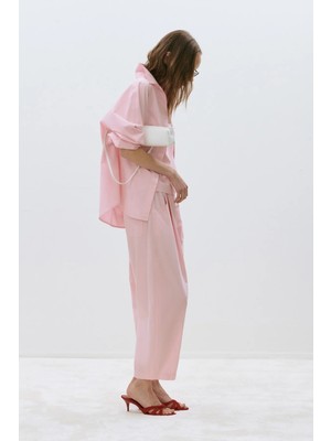 Suud Collection Pembe Raya Yıkamalı Poplin Pantolon