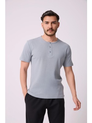 Defy's Erkek Henley Yaka %100 Pamuklu Dokulu Kumaştan Kısa Kollu Günlük Basic Tişört