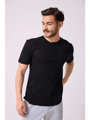 Defy's Erkek Henley Yaka %100 Pamuklu Dokulu Kumaştan Kısa Kollu Günlük Basic Tişört