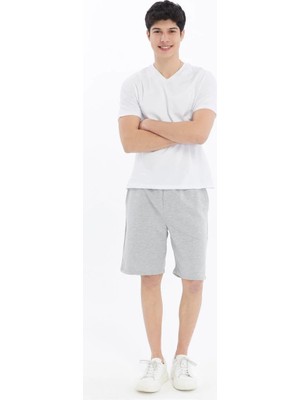 Erkek Beli Lastikli Cepli Regular Fit Şort Gri Melanj