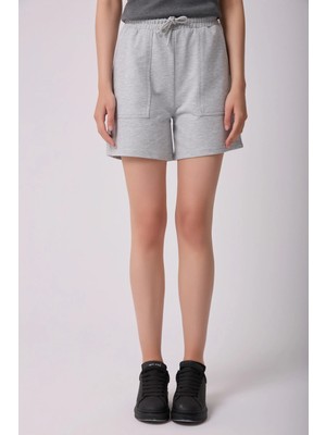 Kadın Beli Lastikli Cepli Regular Fit Şort Gri Melanj