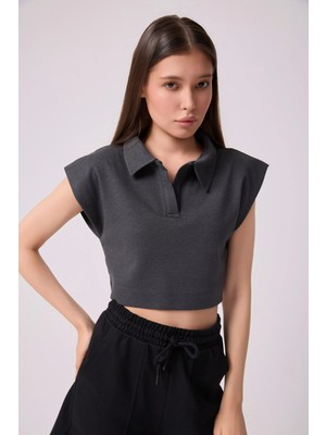 Defy's Kadın Polo Yaka Regular Fit Basic Crop Antrasit Melanj