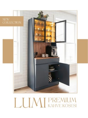 Lumi Led'li Kahve Köşesi | Cam Kapaklı Premium Mini Bar & Çok Amaçlı Dolap | Antrasit-Çam