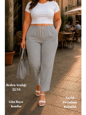 Cedy Denim Kadın Büyük Beden Yüksek Bel Lastikli Dar Paça Mom Pantolon C611 Açık Gri Sentetik Keten