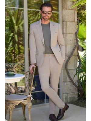 İmza Bej Mono Yaka 6 Drop Slim Fit Yarım Astar Esnek Takım Elbise 1001260162