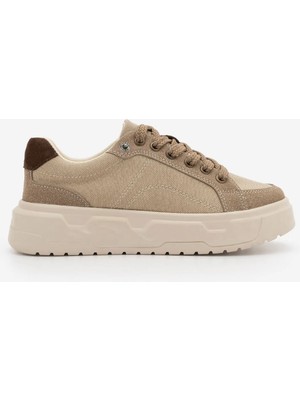 Marjin Kadın Sneaker Süet Yüksek Kalın Desenli Ultra Hafif Taban Bağcıklı Spor Ayakkabı Keten Noska Bej