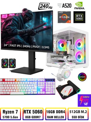 Zeiron Damage X40 Ryzen 7 5700 16GB Ram 512GB M.2 Nvme SSD RTX5060 8GB 24" 240Hz Oyuncu Masaüstü Bilgisayar