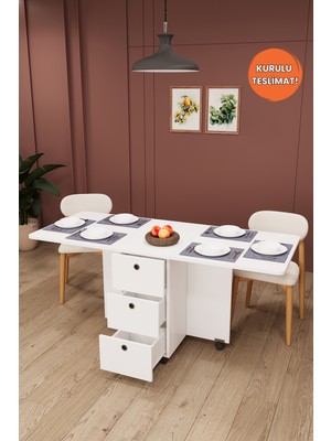 Asra Trend Lüks Katlanır Mutfak Yemek Masası %100 MDF Pratik Çekmeceli Çalışma Masası KM100