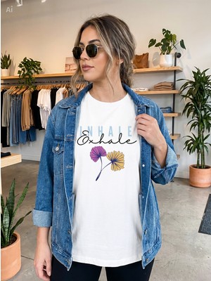 Hena Inhale Exhale Beyaz Oversize Baskılı Pamuklu Tişört