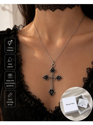 Herşey Nota Gotik Haç Figürlü Unisex Kolye – Siyah Detaylı Alternatif Stil Zincir Kolye