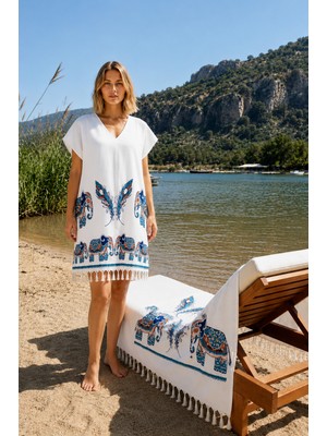 Pırlanta Textile Mavi Fil Plaj Elbisesi ve Peştemal 2'li Set