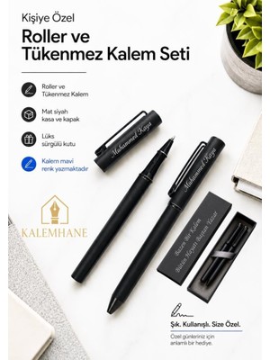 Kalemhane Mat Siyah Kişiye Özel Lüks Kutulu Roller ve Tükenmez Kalem Seti